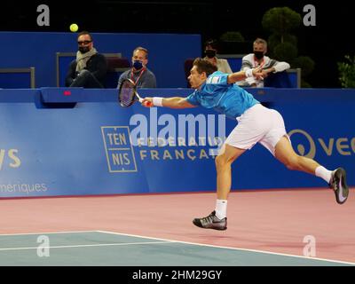 Nicolas Mahut aus Frankreich während des Doppel-Finales beim Open Sud de Fance 2022, ATP 250 Tennisturnier am 6. Februar 2022 in der Sud de France Arena in Montpellier Frankreich - Foto: Patrick Cannaux/DPPI/LiveMedia Stockfoto