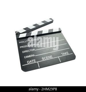 Filmklapperboard isoliert auf weißem Hintergrund. Video-Symbol. Filmproduktion Industriekonzept Stockfoto