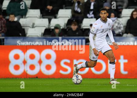 Swansea, Großbritannien. 05th. Februar 2022. Ben Cabango von Swansea City in Aktion. EFL Skybet Championship match, Swansea City gegen Blackburn Rovers im Swansea.com Stadium in Swansea am Samstag, 5th. Februar 2022. Dieses Bild darf nur für redaktionelle Zwecke verwendet werden. Nur zur redaktionellen Verwendung, Lizenz für kommerzielle Nutzung erforderlich. Keine Verwendung bei Wetten, Spielen oder Veröffentlichungen in einem Club/einer Liga/einem Spieler. PIC von Andrew Orchard//Alamy Live News Stockfoto