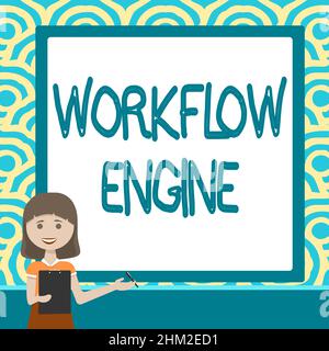 Textschild mit Workflow Engine. Überblick über das Unternehmen Workflow Engine Lady Drawing Standing Holding Clipboard Präsentation neuer Ideen für das Team Stockfoto