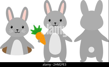 Kaninchen niedlichen Cartoon-Set. Hasen kletterten in das Loch, die Rückseite des Tieres, der Hase hält eine Karotte. Haustier mit einer niedlichen Schnauze und Bauch isoliert auf weißem Hintergrund. Vektorgrafik Stock Vektor