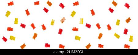 Gelee trägt Süßigkeiten isoliert auf weißem Hintergrund. Gelee mehrfarbige Bären auf weißem Hintergrund sortiert.Süßes Muster . Süßigkeiten und Desserts. Stockfoto