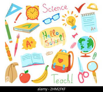 Back to School Handgezeichnetes Zeichentrickset. Schulbedarf-Kit lernen. Bildungskonzept Objekte für Schüler, Scheren Rucksack, Glühbirne Idee, Wecker, Mittagessen und Globus, Stifte, Pinseluntergeordneten Vektor Stock Vektor