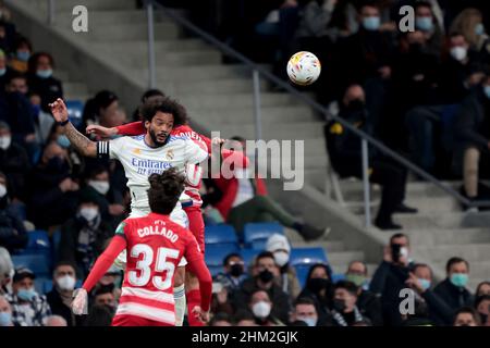 Madrid, Spanien. 06th. Februar 2022. Madrid Spanien; 02.06.2022.- Real Madrid gegen Granada Spiel der spanischen Fußball La Liga am Spieltag 23 im Santiago Bernabeu Stadion in Madrid statt. Real Madrid Spieler Marcelo Final Score 1-0 Real Madrid Gewinner Credit: Juan Carlos Rojas/dpa/Alamy Live News Stockfoto