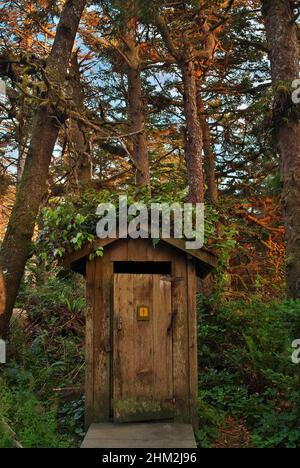 Hölzerne Nebengebäude in einem wunderschönen Waldgebiet auf Vancouver Island in Kanada Stockfoto