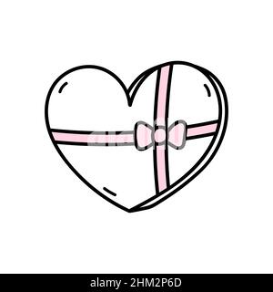 Herzförmige Schachtel Pralinen auf weißem Hintergrund isoliert. Vektor-handgezeichnete Illustration im Doodle-Stil. Perfekt für Valentinstag- und Urlaubsdesigns, Karten, Einladungen, Dekorationen, Logos. Stock Vektor