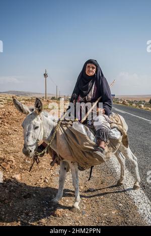 Porträt einer nicht identifizierten älteren Frau auf einem Esel in Ostanatolien, Türkei Stockfoto