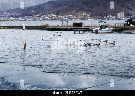 suwa, nagano, japan, 2022/06/02 , Blick auf den gefrorenen See Suwa (Suwa-ko) vom See Suwa Yacht Hafen. Der Suwa-See ist ein See in den Kiso-Bergen, ich Stockfoto