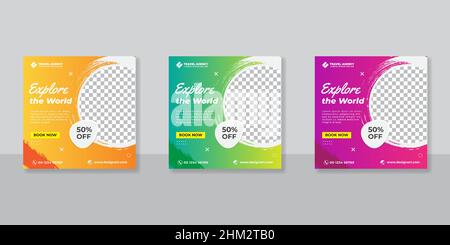 Satz bearbeitbarer quadratischer Banner für den Beitrag in den sozialen Medien von Reisen, Vorlagen-Banner für Reisewerbung mit abstrakter Form, Vektordarstellung. Stock Vektor