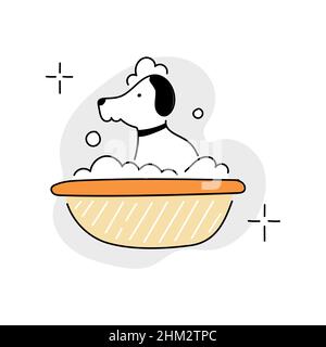 Cute Welpe Hund Waschen von Bad Symbol für die Pflege Salon. Hund mit Seifenblase. Line Doodle-Stil. Vektorgrafik Stock Vektor