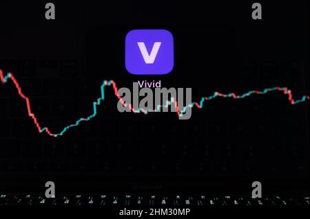 Rottweil, Deutschland. 06th. Februar 2022. Das Logo von Vivid spiegelt sich in einem Display eines MacBook wider, wobei auf dem Monitor ein Candlestick-Chart einer Kryptowährung zu sehen ist. Die Berliner Smartphone-Bank Vivid nähert sich nach einer Finanzierungsrunde einer Milliardenbewertung. Kunden können ihr Geld auch in Aktien, Fonds, Kryptowährungen und andere Finanzprodukte in der Vivid App investieren. Kredit: Silas Stein/dpa/Alamy Live Nachrichten Stockfoto