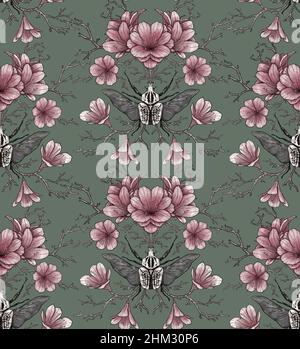 Vintage-Blumenschmuck. Nahtloses Muster mit Blumen und Käfer. Symmetrische Zusammensetzung Stockfoto