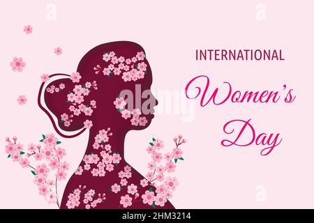 Happy Womens Day Grußkarte Vektor Illustration. Papiergeschnittene weibliche Silhouette im Profil mit schönen rosa Sakura Blumen und Ästen. Niedliches Papier Stock Vektor