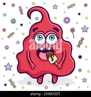 Niedliches Monster, lustige Zeichentrickfigur, bunte Handzeichnung. Fröhliche fantastische rote Märchen Kreatur essen Eis auf weißem Hintergrund isoliert. V Stock Vektor