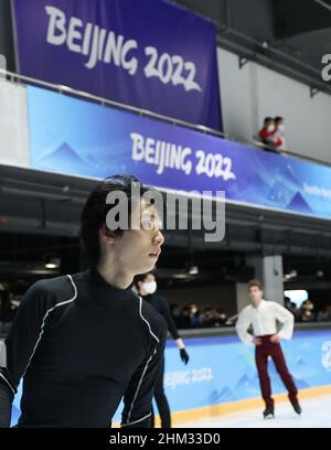 Peking, China. 7th. Februar 2022. Hanyu Yuzuu aus Japan trainiert im Capital Indoor Stadium in Peking, der Hauptstadt Chinas, am 7. Februar 2022. Quelle: Cao Can/Xinhua/Alamy Live News Stockfoto
