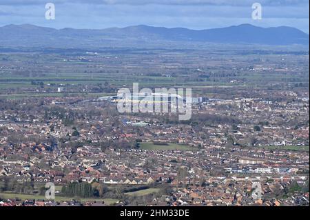 Blick auf GCHQ vom Crickley Hill Country Park in der Nähe von Cheltenham, Gloucestershire Stockfoto