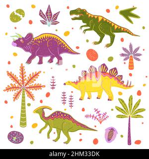Set mit bunten Dinosauriern, Palmen und Dinosauriereiern. Vector flache Illustration Kollektion Stock Vektor