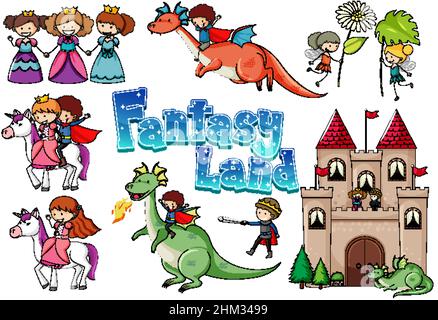 Set von Drachen und Märchen Comic-Figuren Illustration Stock Vektor