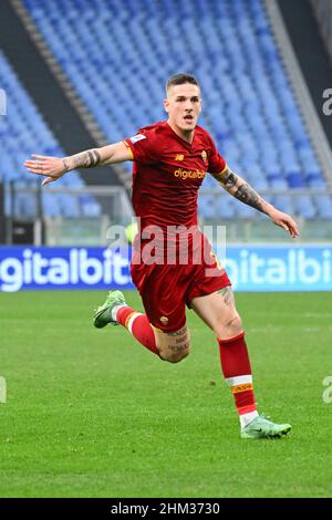 Rom, Italien. 05th. Februar 2022. Nicolo' Zaniolo von A.S. Roma während des 24th. Tages der Serie A Meisterschaft zwischen A.S. Roma und Genua CFC am 5th. Februar 2022 im Stadio Olimpico in Rom, Italien. (Foto von Domenico Cippitelli/Pacific Press) Quelle: Pacific Press Media Production Corp./Alamy Live News Stockfoto