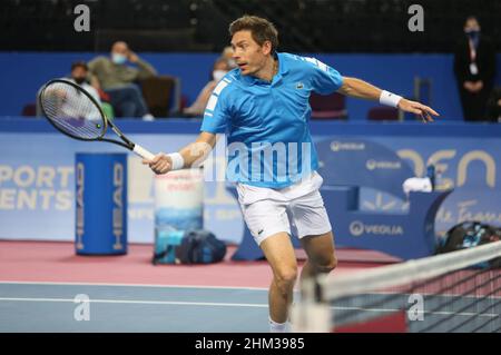 Nicolas Mahut aus Frankreich beim Doppel-Finale der Open Sud de Fance 2022, ATP 250 Tennisturnier am 6. Februar 2022 in der Sud de France Arena in Montpellier Frankreich - Foto Laurent Lairys / DPPI Stockfoto