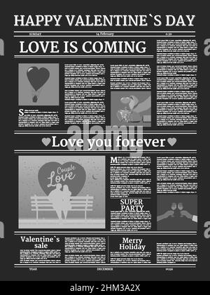 Zeitung zum Valentinstag mit nahtlosem Muster. Hintergrund mit Titelkopf, unlesbarer Text, Retro. Vektorgrafik Vintage Stock Vektor