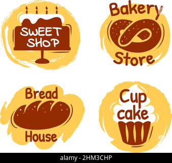 Backwaren-Schriftzug, Süßwarenladen, Brothaus-Etiketten. Logo des Bäckereihauses mit Brezel. Cupcake-Zeichen für Süßwaren Vektor. Abzeichen mit gekochten Speisen aus Mehl auf weiß isoliert gesetzt Stock Vektor