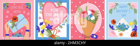 Blumenkarten zum Muttertag. Blumenkarte mit Blumenstrauß und Händen. Glückliche Überraschung für Mama, lustiges Poster mit Frühlingssommergartenpflanzen. Geschenkpostkarten Stock Vektor