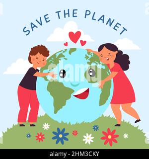 Kind umarmt den Planeten. Baby halten Globus zusammen, Cartoon Kinder mit Erde Konzept. Schützen Umwelt und Öko-grünes Leben, Kinder und Ökologie anständig Stock Vektor
