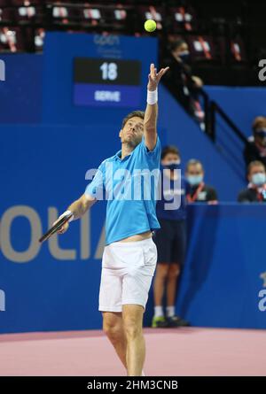 Nicolas Mahut aus Frankreich während des Doppelfinales des Open Sud de Fance 2022, ATP 250 Tennisturniers am 6. Februar 2022 in der Sud de France Arena in Montpellier Frankreich - Foto: Laurent Lairys/DPPI/LiveMedia Stockfoto