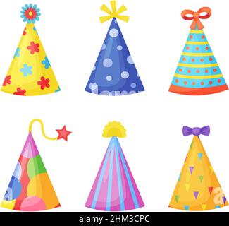 Farbige Hüte für Geburtstagsfeiern. Dekoratives witziges Dressing für Urlaub oder Karneval. Festliche Kappen mit Blumen, Schleifen und Sternen für Kinder Entertainment-Vektor-Set. Helles Accessoire. Stock Vektor