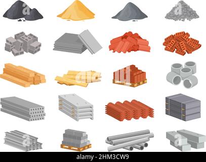 Cartoon Baumaterialien. Haufen von Sand, Zement und Steinen. Rote Backsteinstapel, Holzplanken und Metalldachelemente für die Hausbau-Industrie und Renovierung Vektor-Set Stock Vektor