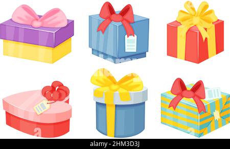 Geschenkkartons. Geburtstag, weihnachten und valentinstag Geschenke mit Bändern. Feiertagsüberraschung, auf Weiß isolierte Grußkisten. Preise in unterschiedlicher Form und Größe isoliert Vektor-Set Stock Vektor