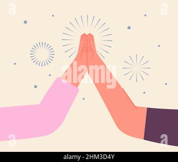 High-Five-Konzept. Handklatschen, zwei Hände von Freunden klatschen und Feuerwerk. Freundschaft und Unterstützung, geschäftliche Zusammenarbeit, festliche Treffen Stock Vektor