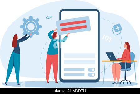 Codierungs- und Programmierkonzept. Frauen, die auf einem Laptop oder einem mobilen Bildschirm arbeiten. Entwicklung von Programmen, Technologien. Cartoon-Entwickler tun Aufgaben und Codierung Software auf Geräten Vektor-Illustration Stock Vektor