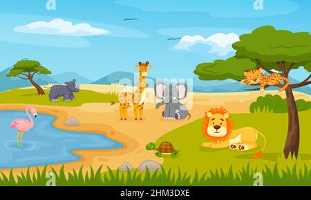 Cartoon wilde Tiere in der Savanne. Outdoor-Umgebung, Safari Wildtiere mit Teich für niedliche Flamingo, Giraffe, Nashorn und Schildkröte. Afrikanische schöne Flora und Fauna Vektor-Illustration Stock Vektor