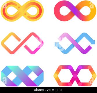 Symbol für unendliche Farben. Endlose Zeichen mit Pfeilen und Linien. Abstraktes Ewigkeitssymbol für Business-Logo. Futuristische gekrümmte verbundene Formen, Zyklus geometrische bunte Design isoliert Vektor-Set Stock Vektor
