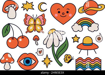 Niedliche hippige Sticker. Retro 70s Vibe, psychedelisch groovige Elemente wie Pilz, Blume, Regenbogen und ufo-Raumschiff. Cartoon Vintage Schmetterling, Kirsche und Herz isoliert Vektor-Set Stock Vektor