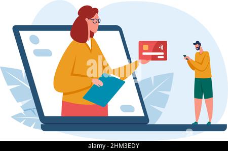 Finanz- und Kreditkonzept für Online-Banking. Assistent, der dem Kunden vom Laptop-Bildschirm aus eine Kreditkarte ausgibt. Mann, der Internettransaktionen mit dem Smartphone macht. Vektordarstellung für virtuelle Dienste Stock Vektor
