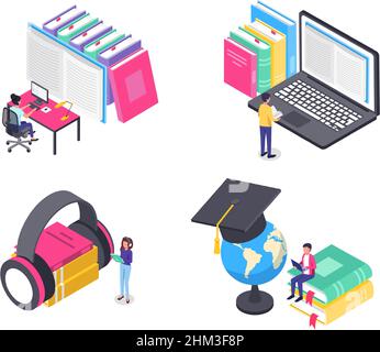 Isometrische Online-Bildung. Studenten, die an der elektronischen Bibliothek studieren, Bücher auf Computern und Laptops lesen. Hörbücher über Kopfhörer hören, Geographie mit Globus-Vektor-Set lernen Stock Vektor