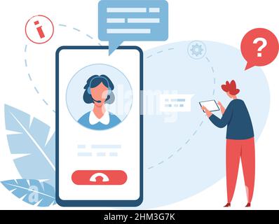 Online-Kundensupport. Person, die mit dem Assistenten chattet. Frau in Kopfhörern, die dem Kunden oder Patienten Hilfe leistet. Smartphone-Bildschirm mit Operator-Vektor. Hotline mit technischen Informationen Stock Vektor
