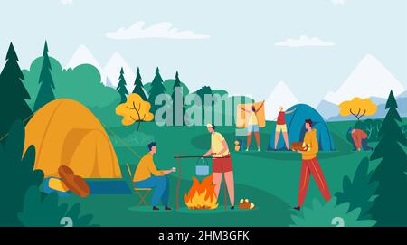 Leute, die campen. Freunde, die ein Zelt aufschlagen, männliche und weibliche Charaktere, die Essen am Feuer kochen. Junge, der Feuerholz für Lagerfeuer trägt. Cartoon-Touristen mit Ruhe im Freien, Entspannung im Wald Vektor Stock Vektor