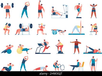 Die Menschen trainieren im Fitnessstudio. Weibliche und männliche Charaktere führen einen gesunden Lebensstil. Männer trainieren mit Langhantel, Gewicht, Laufen auf dem Laufband. Frauen machen Yoga, woking out mit Kurzhanteln Vektor-Set Stock Vektor