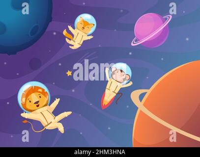 Tiere im All. Cartoon lustige Astronaut Reisende in Helm und Jumpsuit professionelle Uniform genaue Vektor Zoo Zeichen Hintergrund Stock Vektor