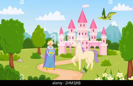Kinder Märchen Vektor Illustration. Mittelalterliches rosa Schloss mit Königin und fiktionalem Einhorn, fliegendem Drachen. Königliches Königreich mit schöner Landschaft. Magischer Palast für Kinder Vektorgrafik Stock Vektor