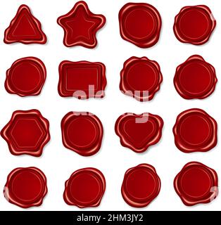 Realistische rote Wachssiegel. Stempel für Umschlag oder Brief in verschiedenen Formen. Zertifikat, Diplom oder alte Schriftrolle Versiegelung, Portoelement. Vektorset für Dreieck, Kreis, Stern, Rechteck und Herzformen Stock Vektor