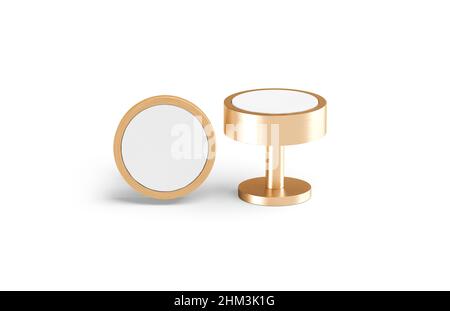 Blank runde goldfarbene Manschettenknöpfe Stud Mockup liegend und stehend, isoliert Stockfoto