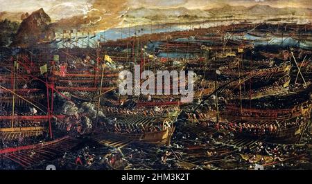 Schlacht von Lepanto von Tintoretto (1518-1594), gemalt um 1577, zeigt die Seeschlacht, die 1571 zwischen der Heiligen Liga stattfand, einer Koalition katholischer Staaten gegen das Osmanische Reich im Golf von Patras. Stockfoto