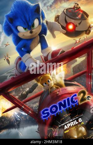 Sonic the Hedgehog 2 (2022) von Jeff Fowler mit Ben Schwartz, Idris Elba und Colleen O’Shaughnessey. Dr. Robotnik kehrt zurück, diesmal mit einem neuen Partner, Knuckles, auf der Suche nach einem Smaragd, der die Macht hat, Zivilisationen zu bauen und zu zerstören. US-Advance-Poster. ***NUR REDAKTIONELLE VERWENDUNG*** Credit: BFA / Paramount Pictures Stockfoto