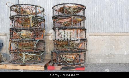 Fallen, Seile und Käfige auf Pier, kommerziellen Dock, Fischerei, Monterey California USA. Leere Töpfe, Creels für Fisch, Meeresfrüchte, die im Hafen gefangen werden. Viele Fischernetze und Körbe im Seehafen. Fischerei. Stockfoto