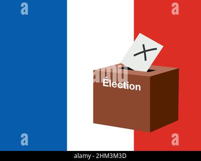 Wahlen in Frankreich. Wahlurne mit Textauswahl (Wahlen auf französisch). Karte mit einem Bleistiftkreuz und großer französischer Flagge Tricolore im Hintergrund. Stockfoto